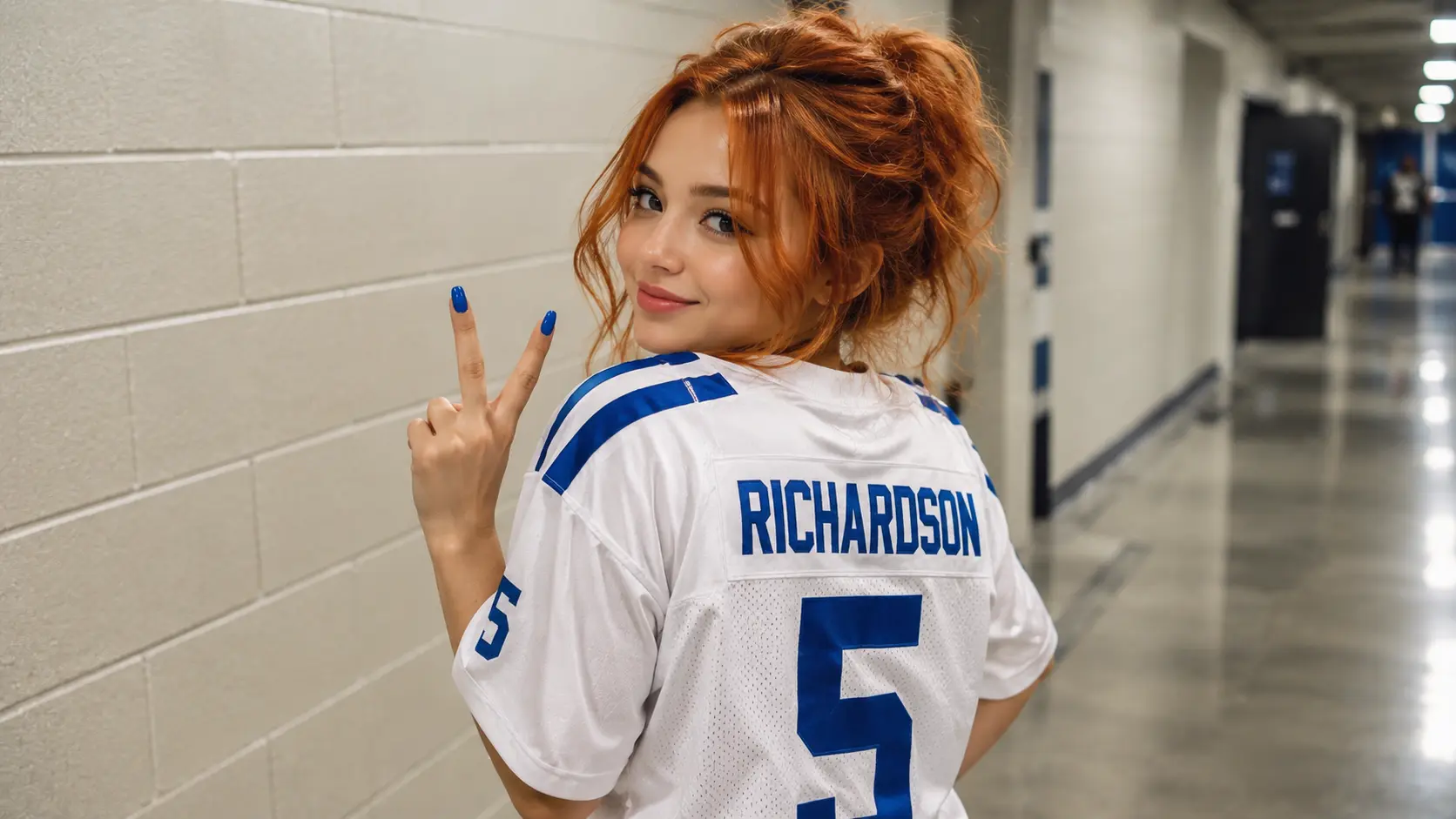 Young Woman In Football Jersey At Stadium — AI generated output