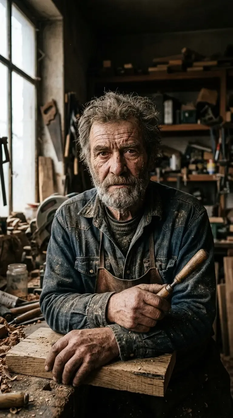Photorealistic close-up portrait of a rugged artisan in his workshop