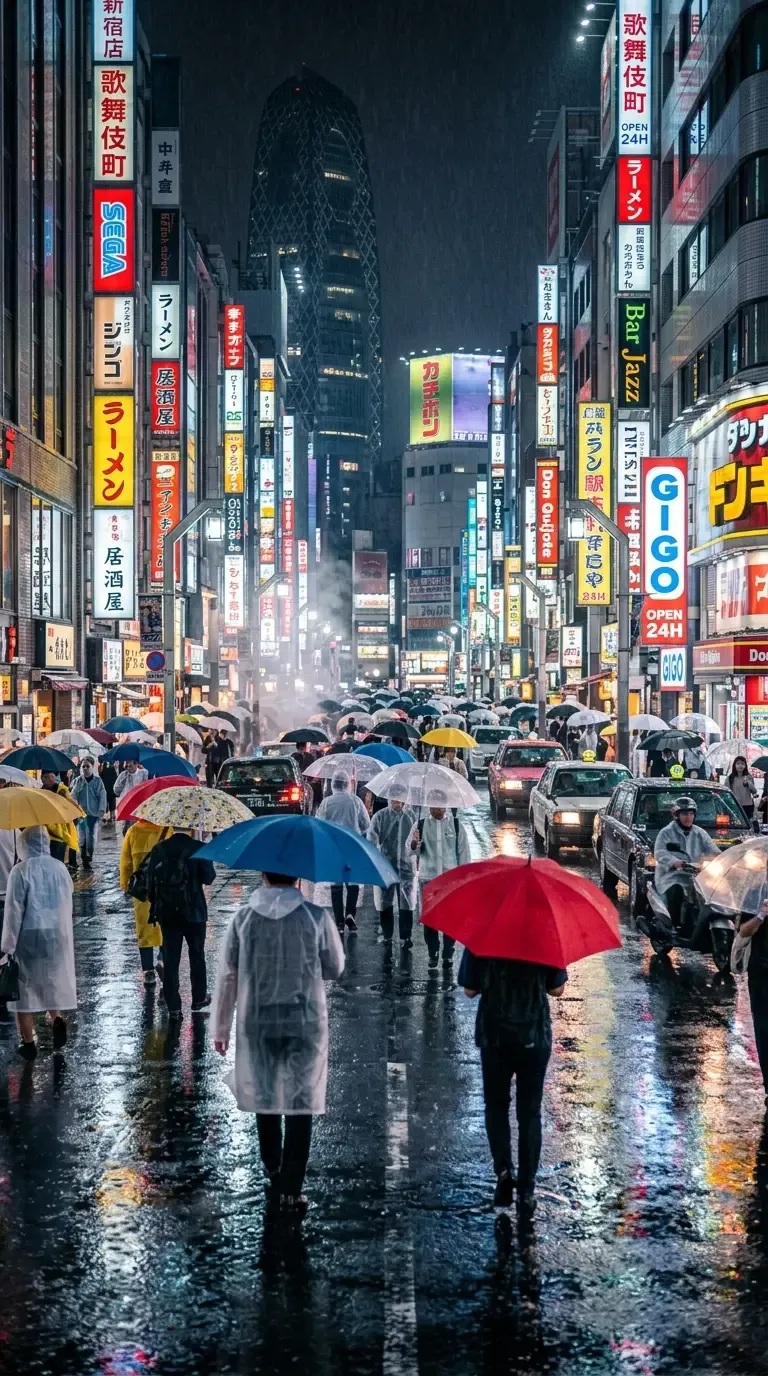 Rain-slicked neon street in Tokyo Shinjuku at midnight