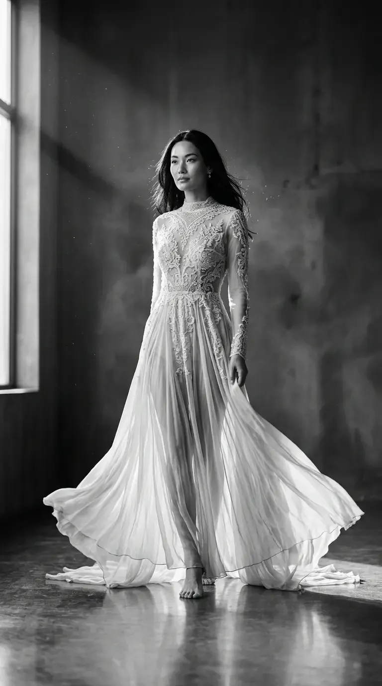 Editorial fashion photograph of a woman in a silk evening gown