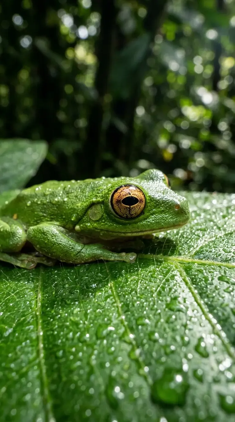 Extreme macro shot of a green tree frog on a leaf