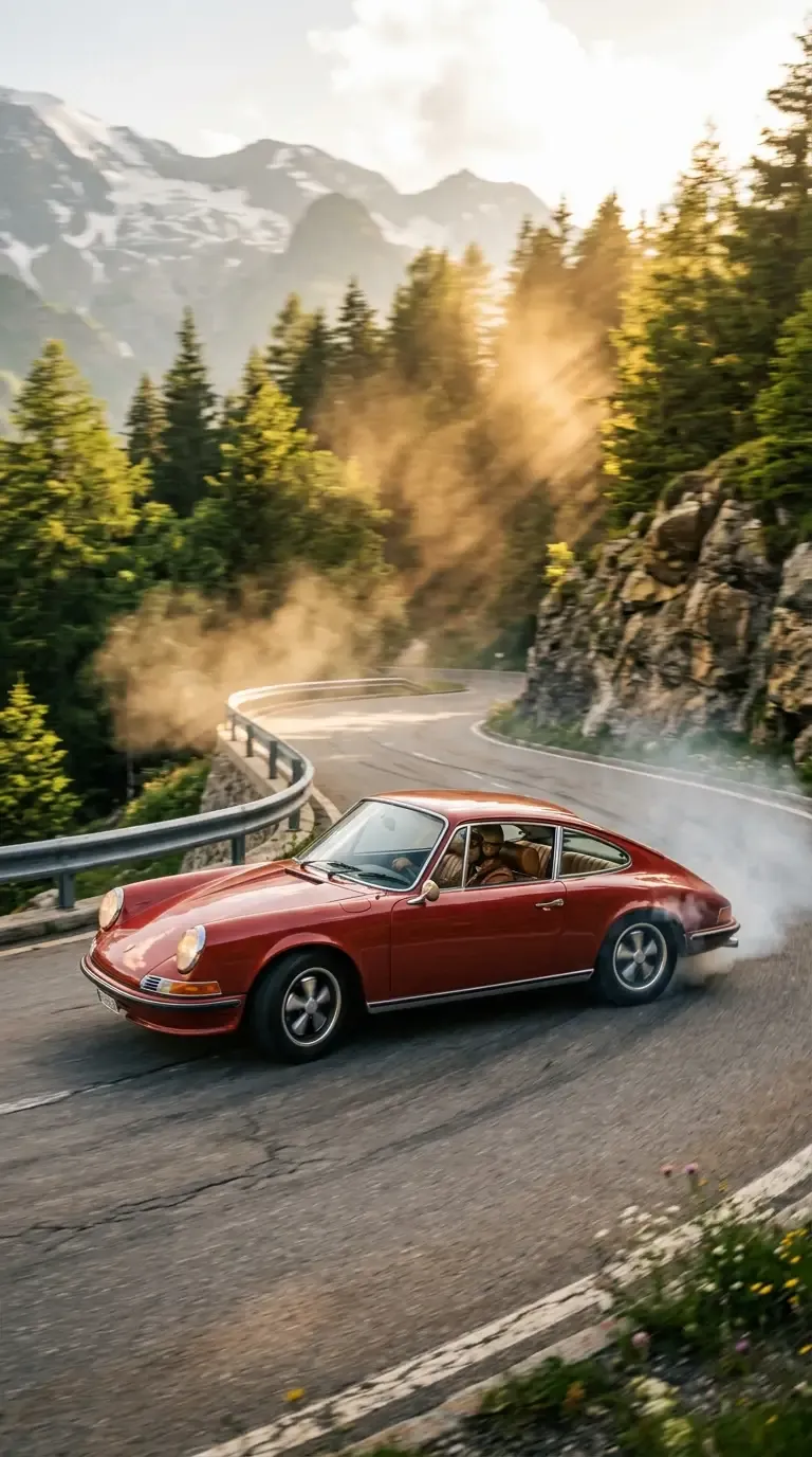 Vintage Porsche 911 drifting through the Swiss Alps at golden hour
