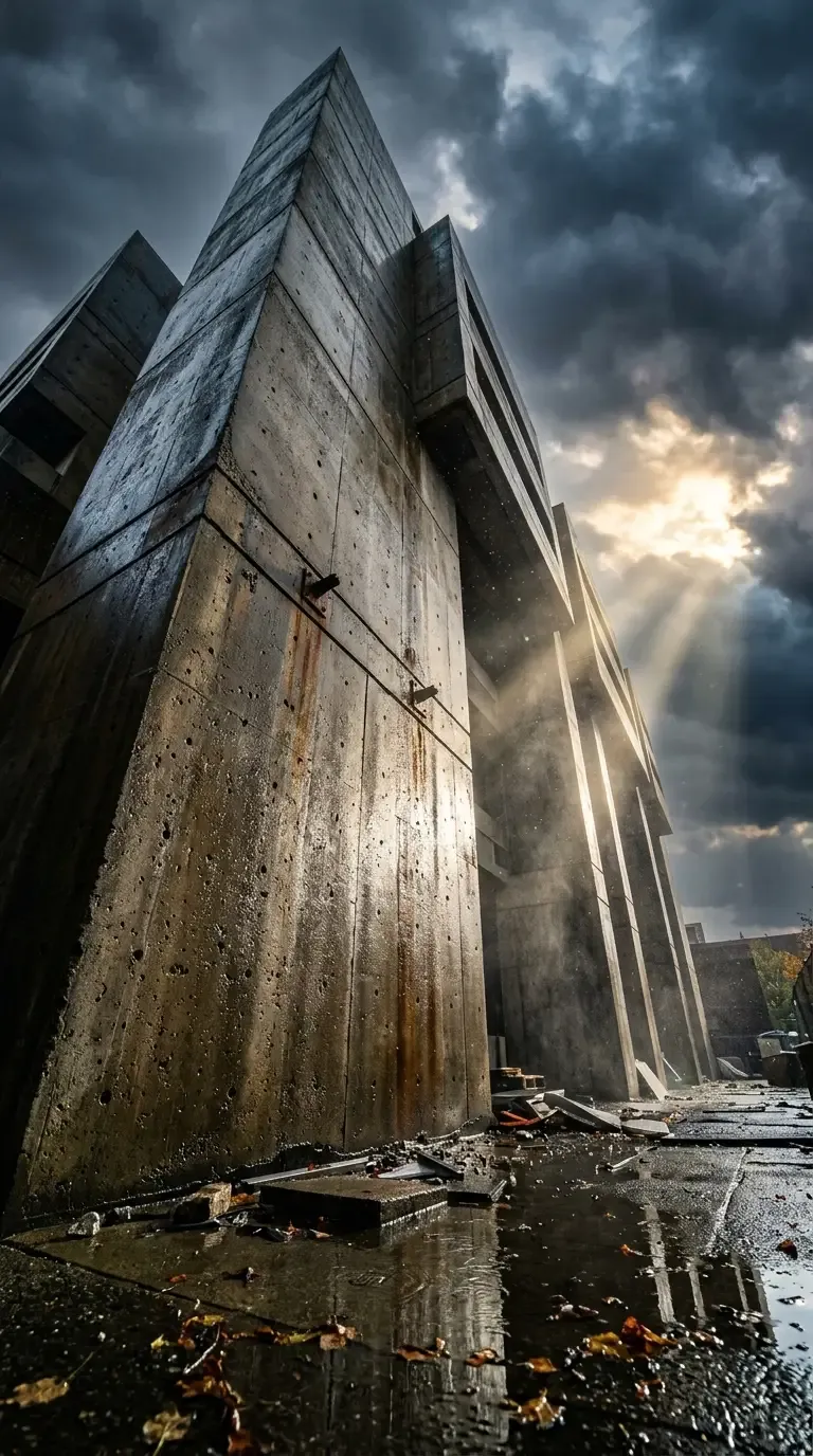 Brutalist concrete building against a stormy sky