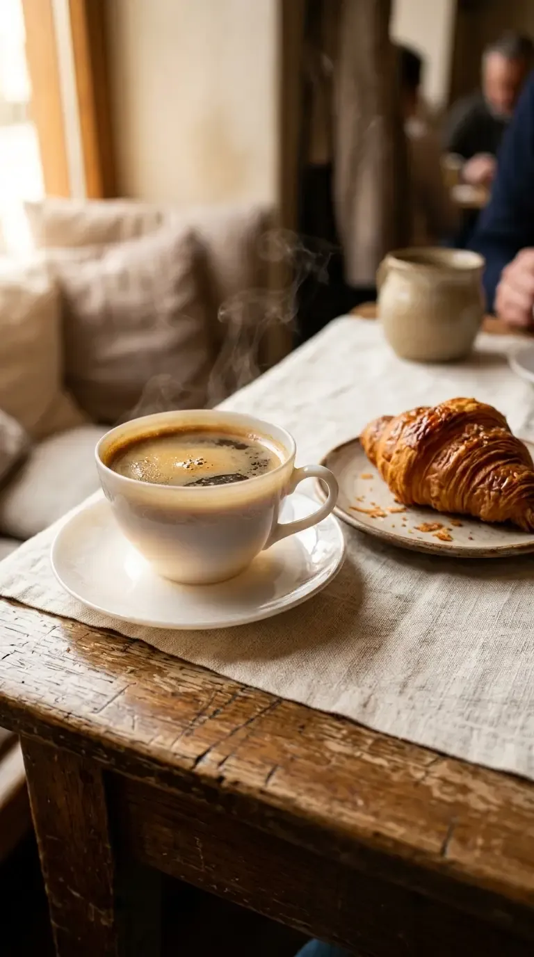 Steaming cup of artisanal coffee with a croissant on a wooden table