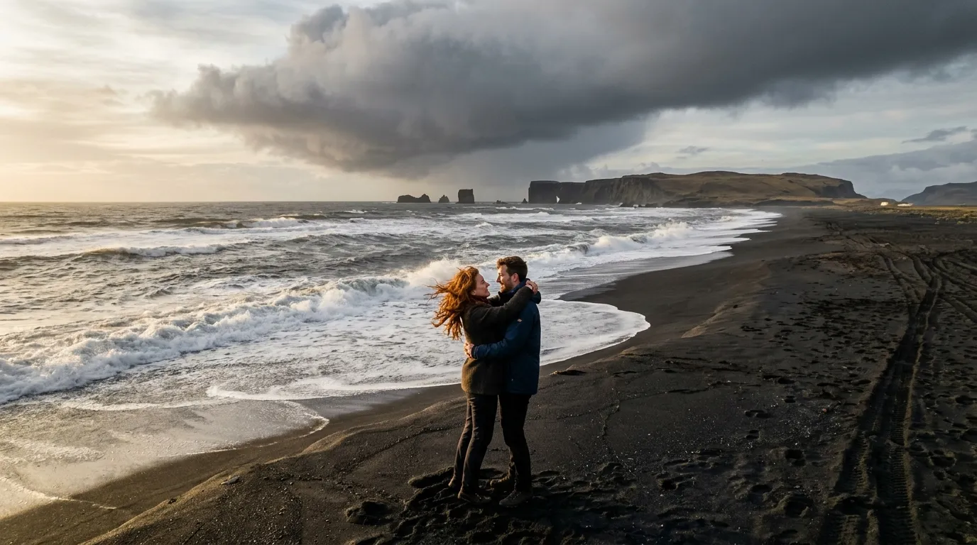 Cinematic Gemini AI pre-wedding drone shot of a couple on an Icelandic black sand beach demonstrating extreme scale