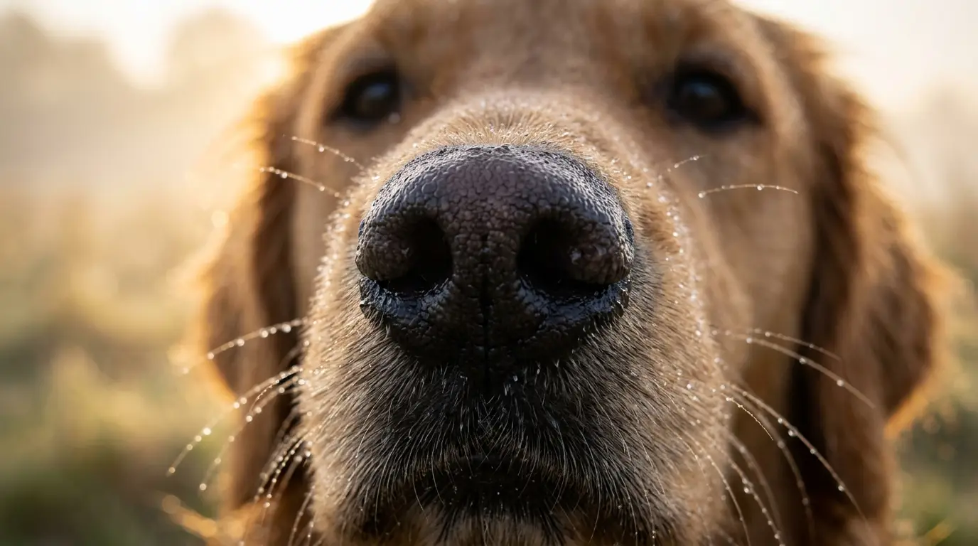  macro shot of a golden retriever's damp nose