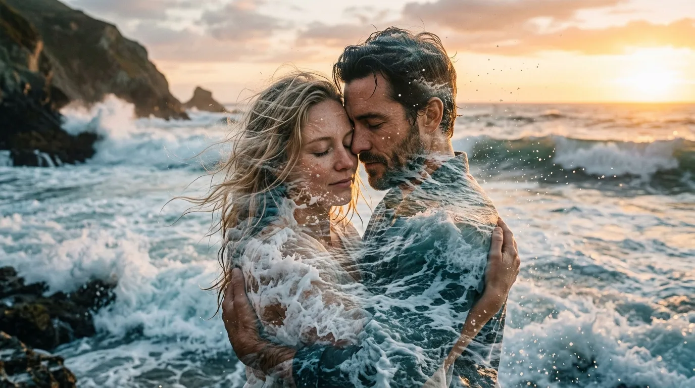 A striking double exposure portrait generated by Gemini AI featuring a couple blended with crashing ocean waves