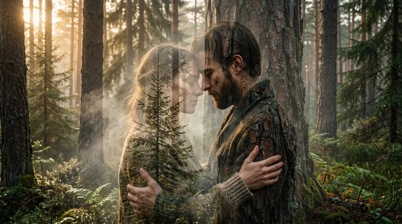 A hyper-realistic Gemini AI generated double exposure photo of a couple blending into a dense pine forest
