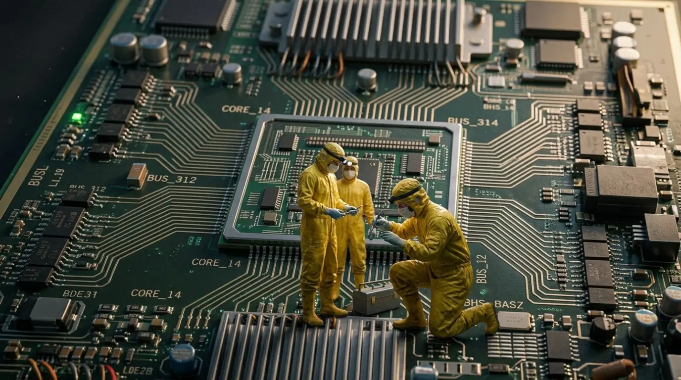 A cyberpunk themed miniature AI-generated photo of tiny cleanroom workers repairing a massive computer processor