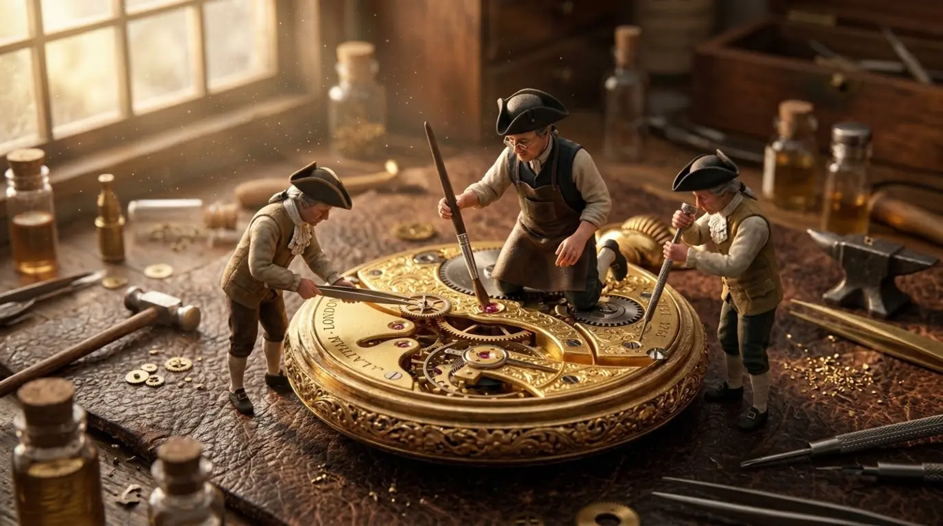 A hyper-realistic close-up macro photograph of tiny restoration workers meticulously repairing an antique pocket watch using fine brushes and gears