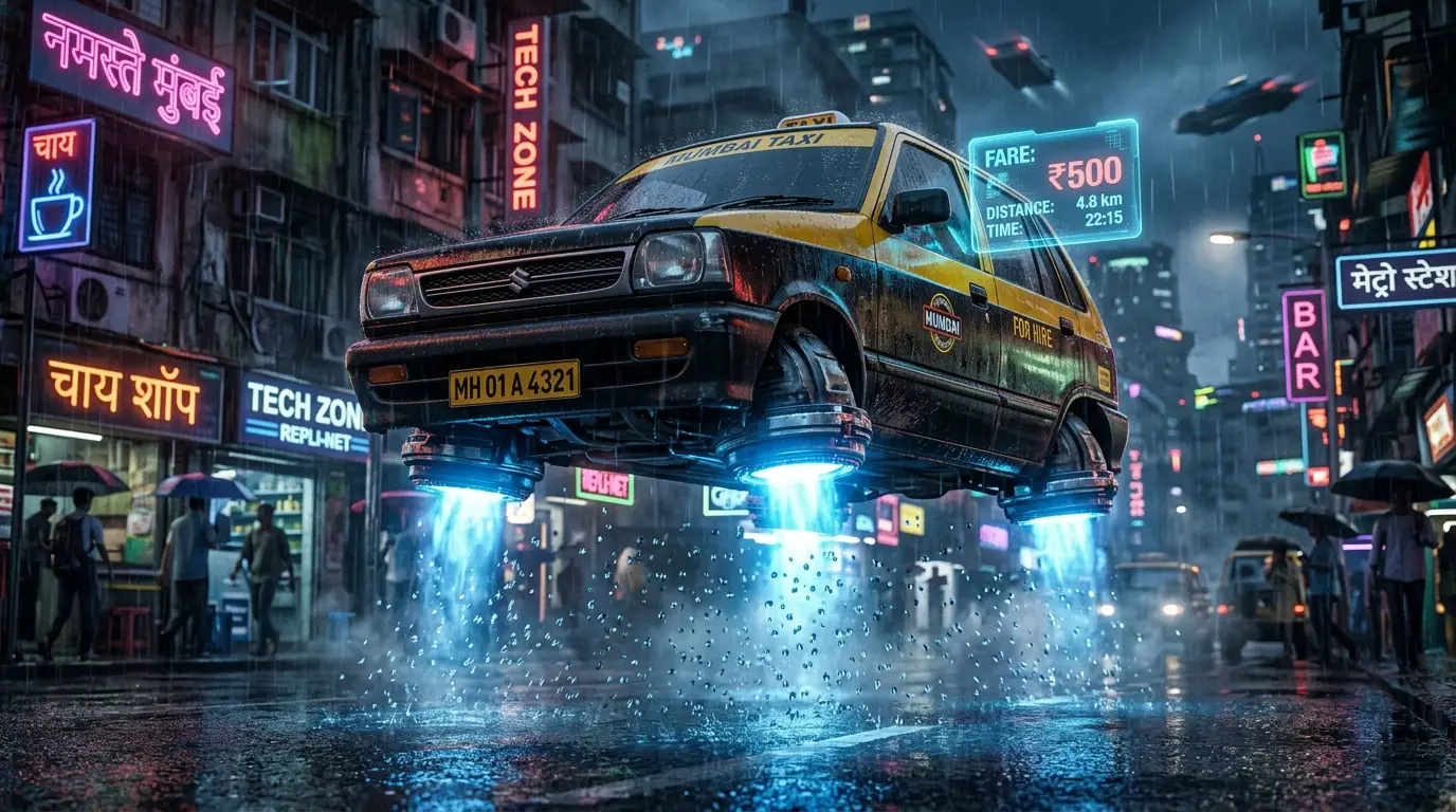Close up of 3D holographic taxi fare meter projecting 500 INR in cyberpunk Mumbai
