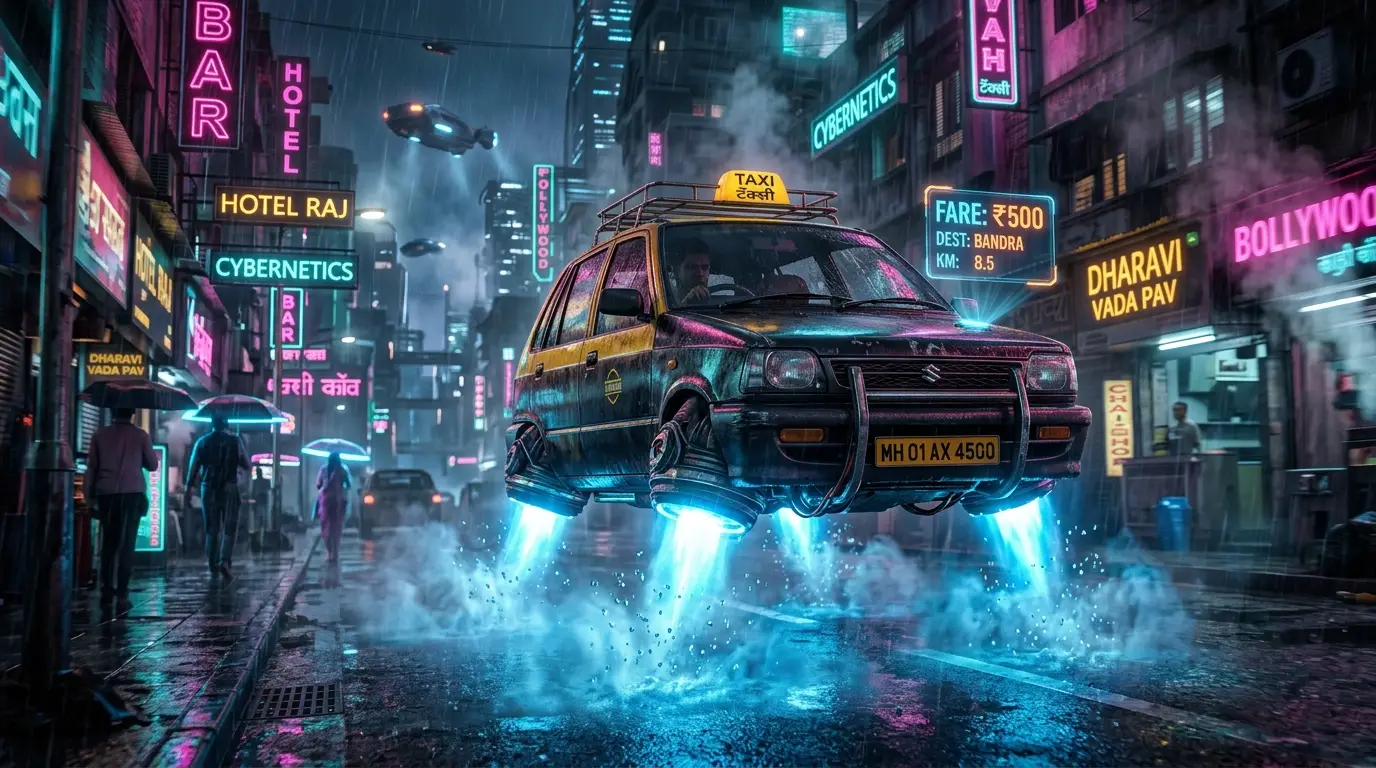 Maruti 800 retro-futuristic cyberpunk anti-gravity flying taxi concept art generated in Midjourney v6