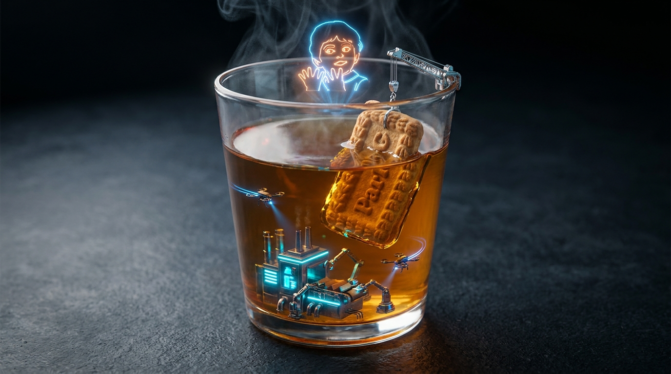 Extreme macro shot of Parle-G cyberpunk micro-factory operating inside a glass of cutting chai in Midjourney v7