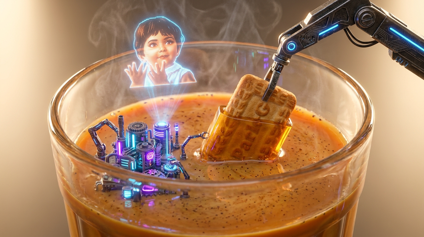 Macro close up of tiny neon blue drones operating mechanical cranes inside Indian tea