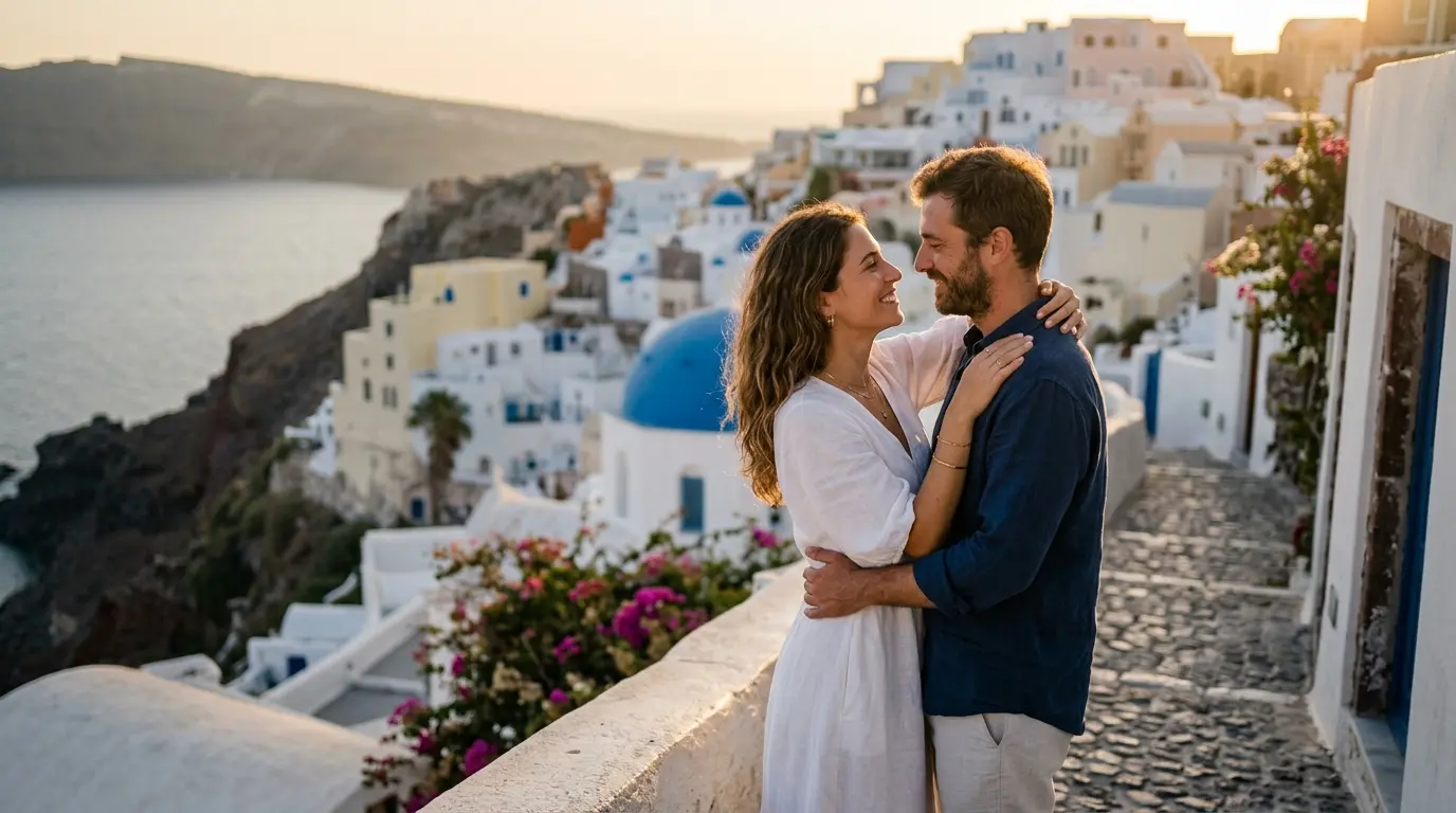 A hyper-realistic Gemini AI generated pre-wedding photo of a couple in Santorini at golden hour demonstrating 35mm lens physics