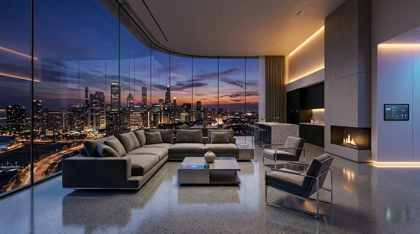 Ethereal morning lighting in a minimalist smart home