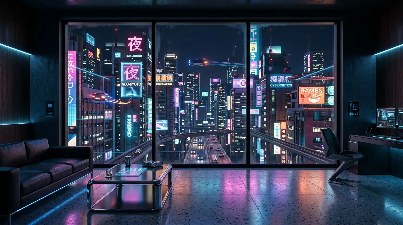 Low angle view of smart home interiors looking at a cityscape