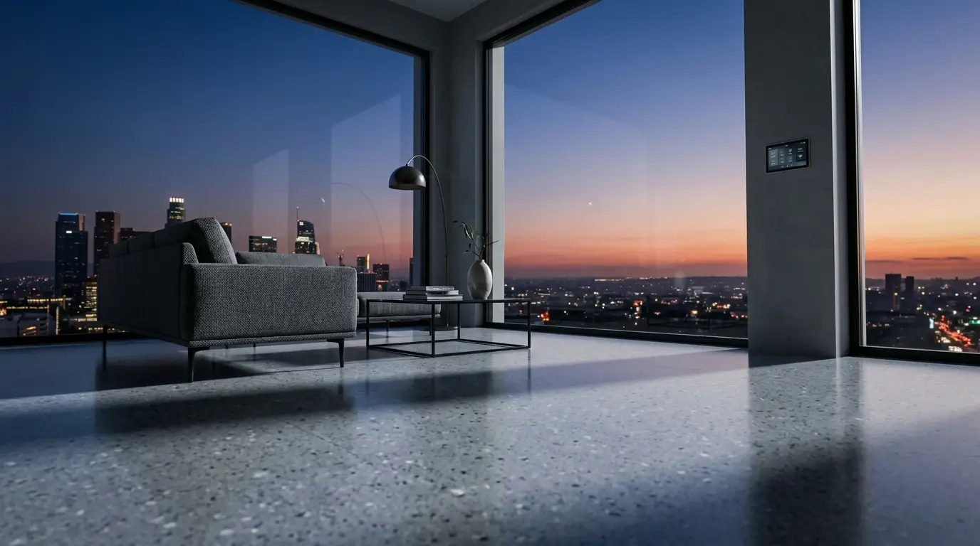 Wide angle 14mm shot of a futuristic smart home interior
