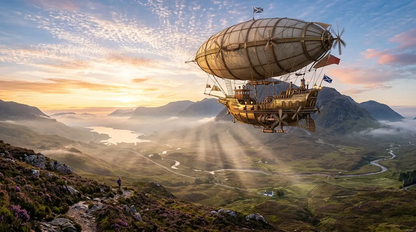 Low-angle view of a colossal steampunk airship