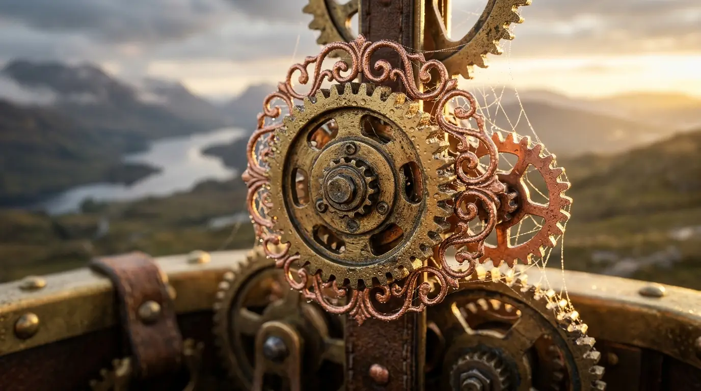Ultra-realistic macro shot of steampunk gears