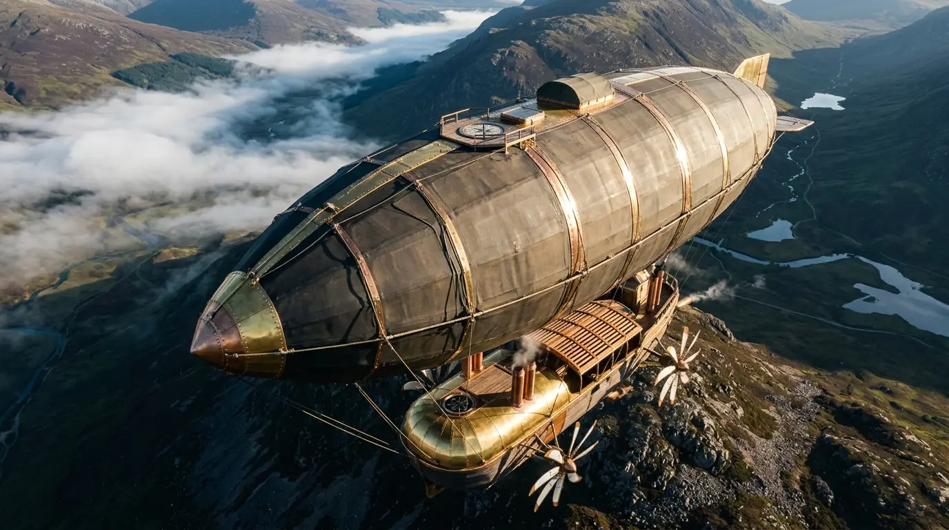 Steampunk airship capturing kinetic motion blur