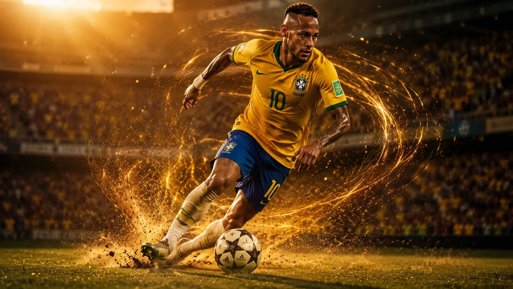 A highly realistic cinematic shot of a Brazilian football player dribbling, surrounded by golden light particles, generated by Midjourney v6.1