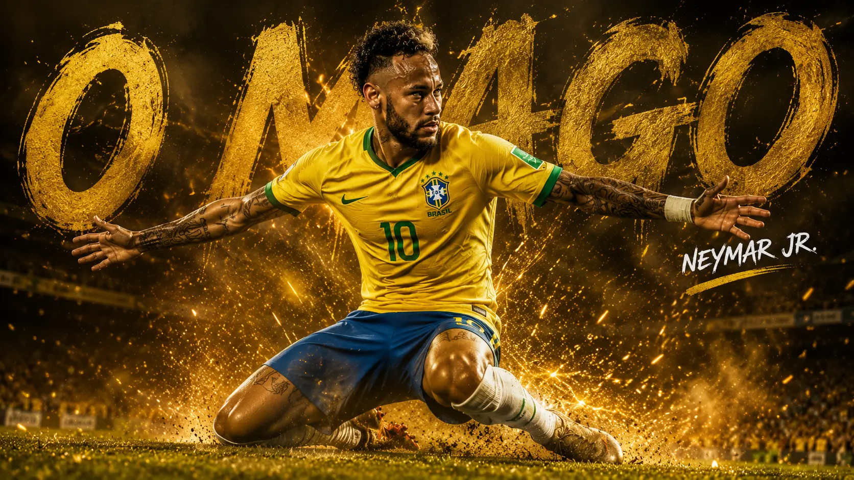 A high-impact 9:16 sports poster featuring a Brazilian football player, golden particle effects, and distressed bold typography generated by AI