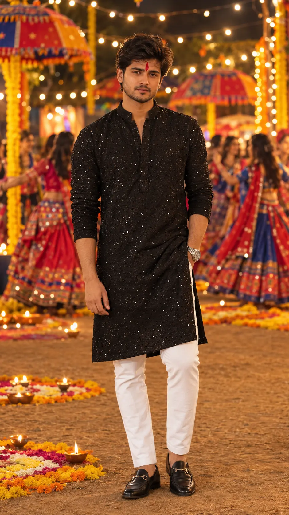 Men’s Durga Puja Fashion 🪔 | Black Sequin Kurta Photoshoot Prompt