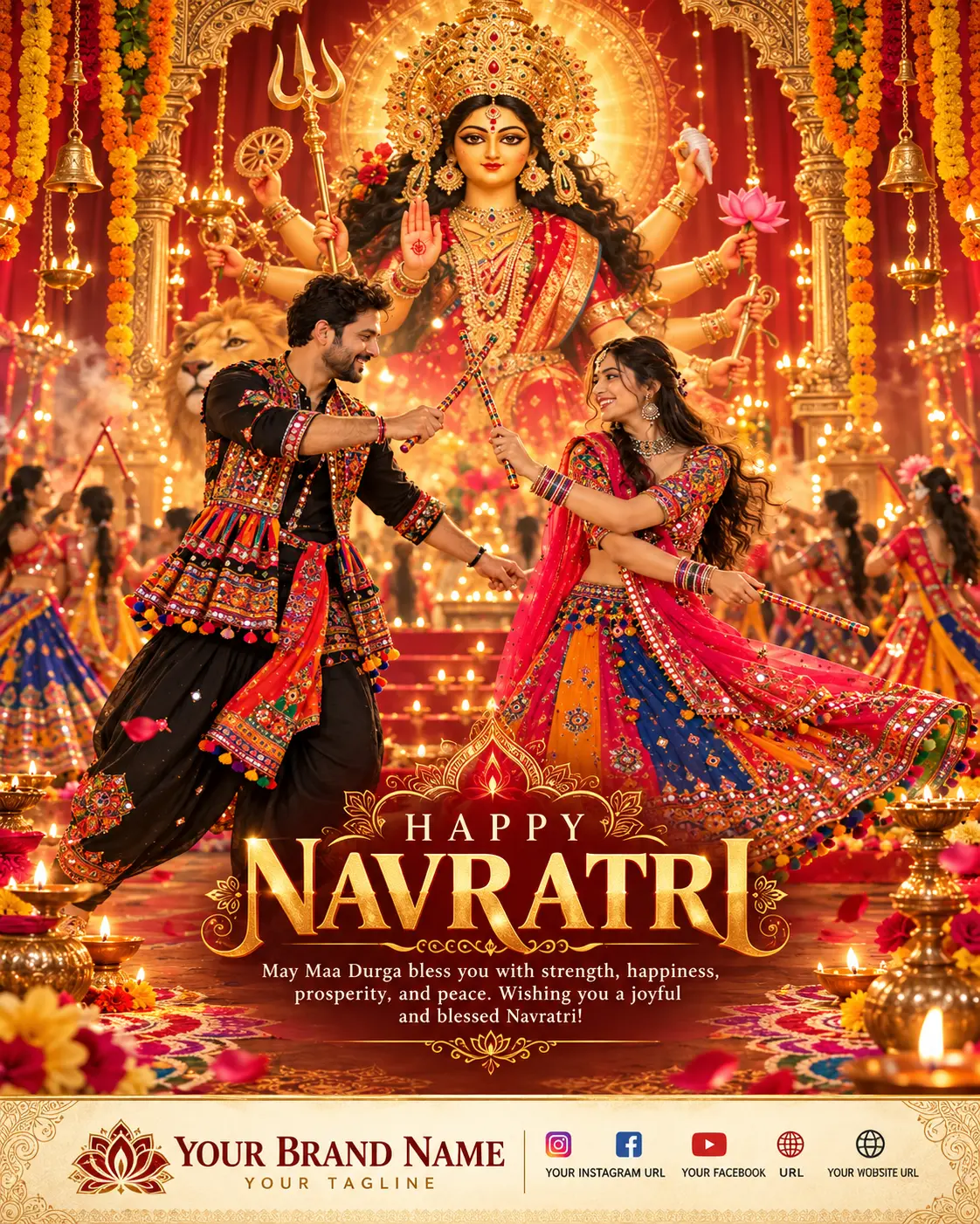 Navratri Wishes Poster ✨ | Maa Durga Greeting with Brand Footer AI Prompt Image