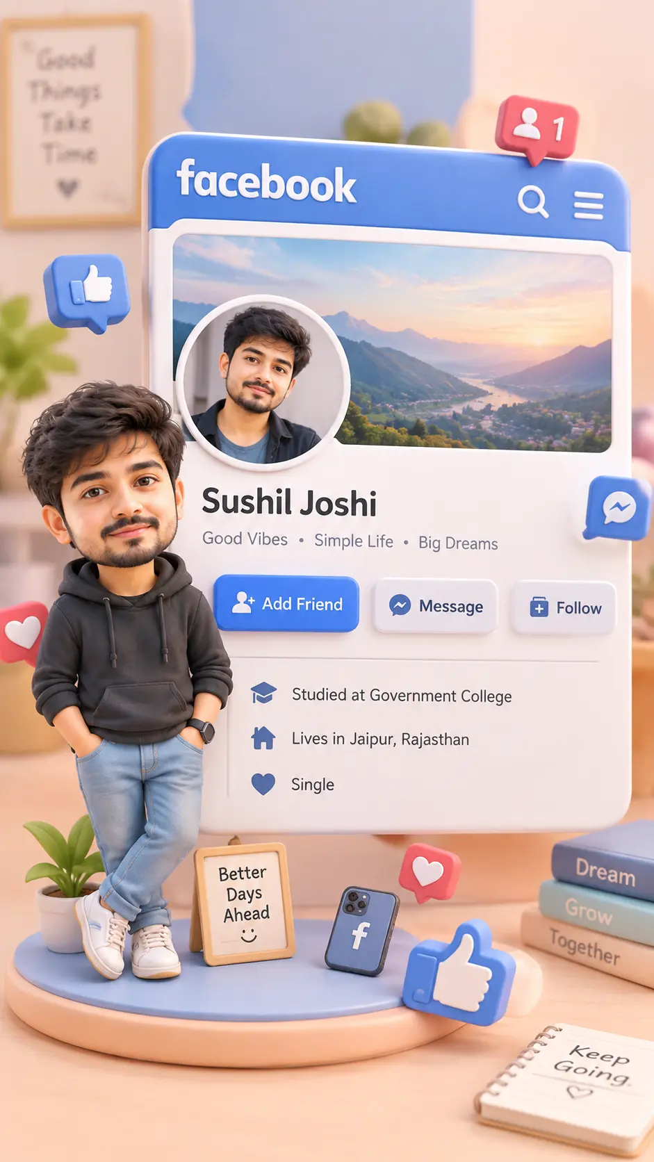 Cute 3D Facebook Profile Look ✨ | Pastel Toy Diorama Prompt