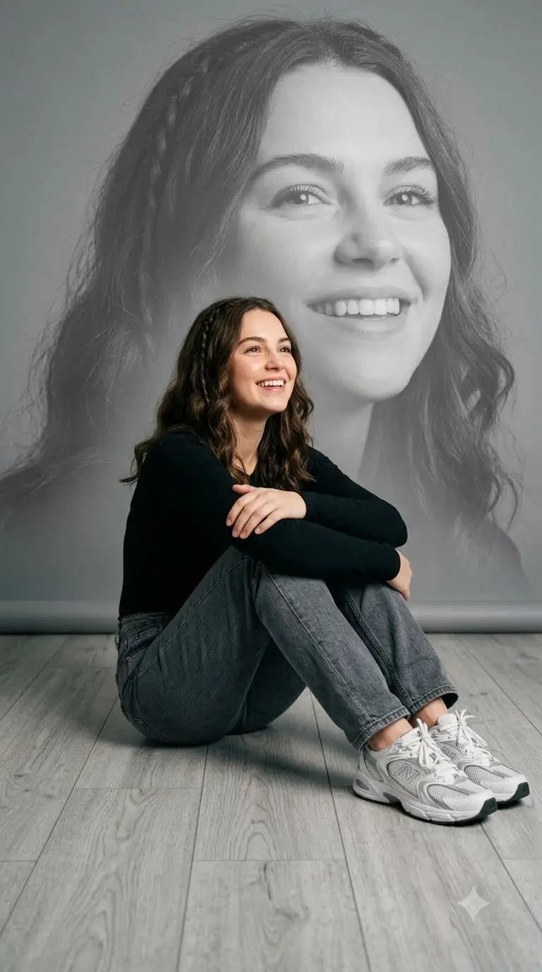 Black Top Gray Denim Look ✨ | Studio Double Exposure Portrait Prompt AI Prompt Image