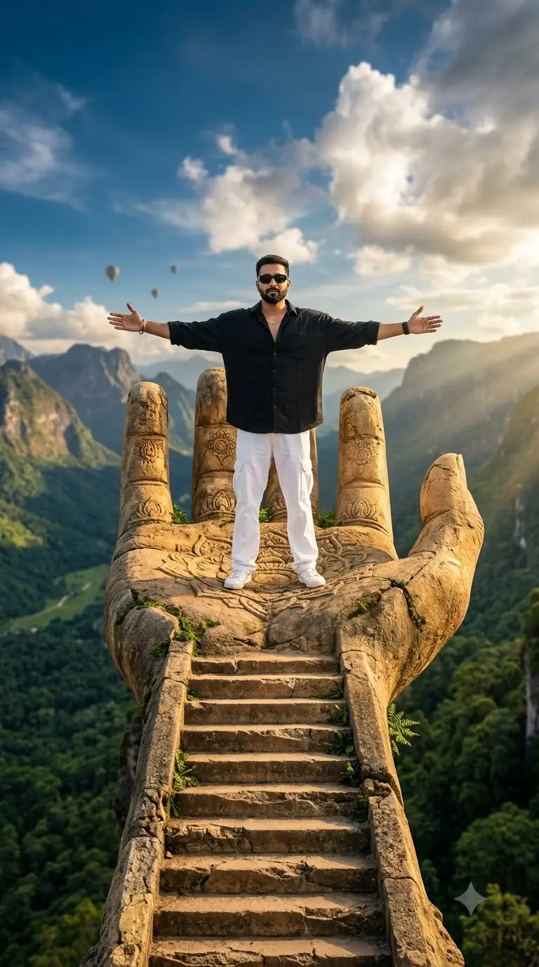 Ancient Carved Hand on Cliff 🏔️ | Hot Air Balloon Fantasy AI Prompt AI Prompt Image